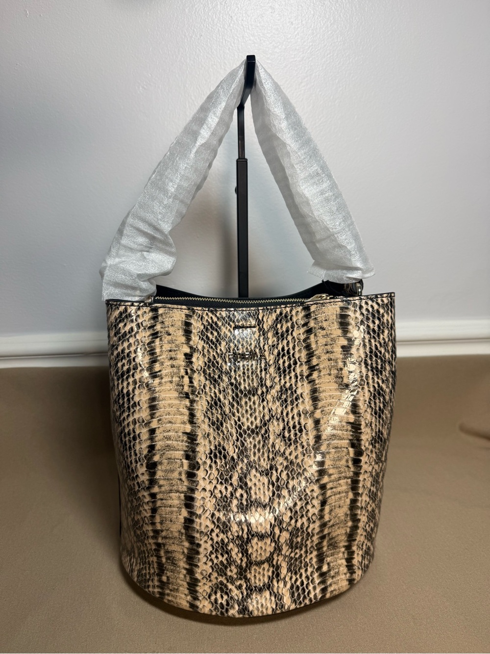 NWT Furla Danae Python Embossed Leather Bucket Bag - cappuccino